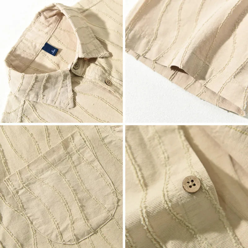 Men's loose-fit cotton summer shirt in apricot colour with Japanese fresh style