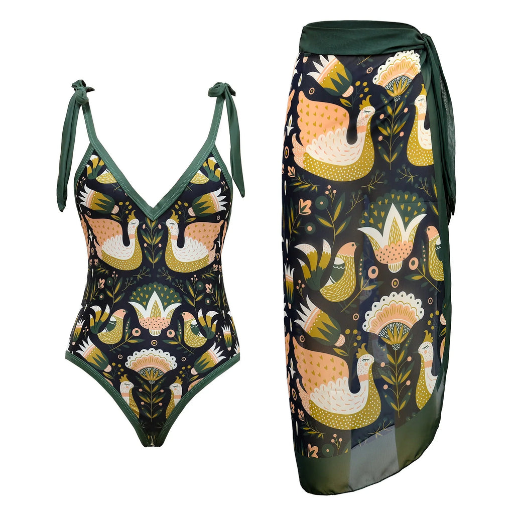 Women's solid colour spaghetti strap one-piece swimsuit with a matching skirt.