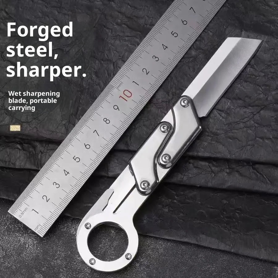 Silver stainless steel folding knife with 5.7cm blade and 67mm handle, mechanical deformation folding design