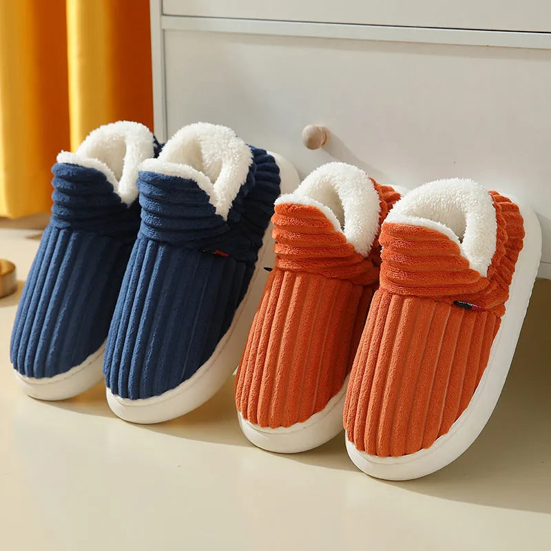 Winter plush home slippers in solid colour stripes, polyester, sizes 36to47, for women and men