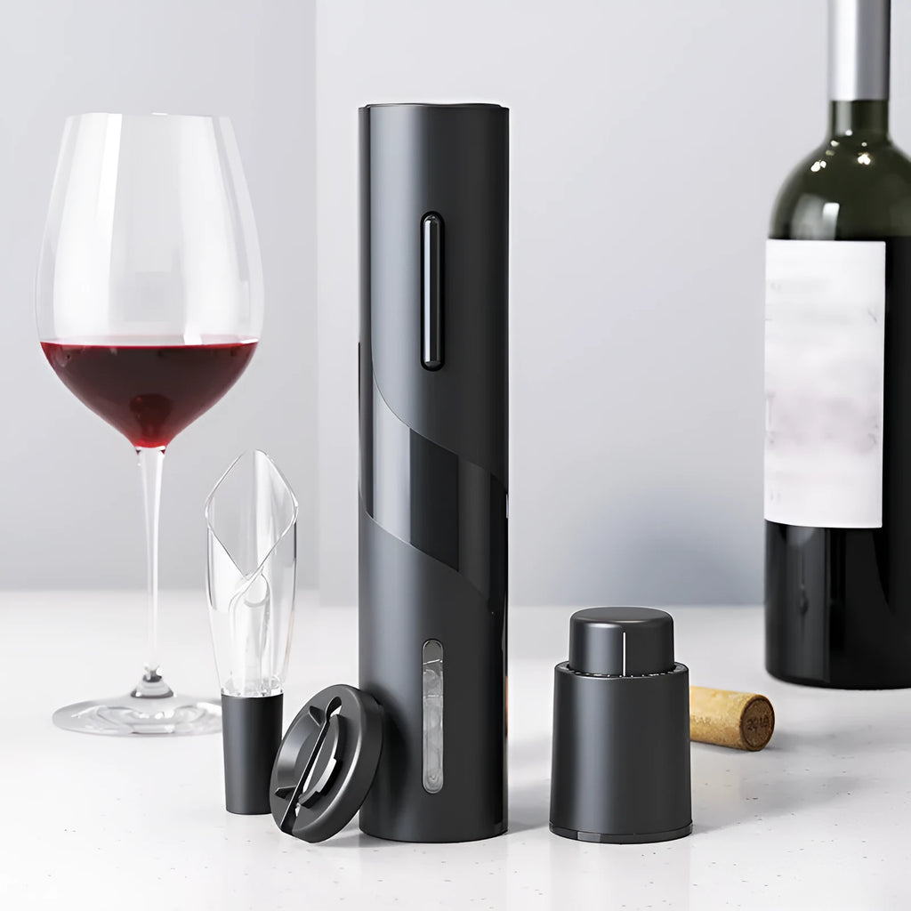 Red electric wine bottle opener set with ABS plastic base, decanter, and vacuum stopper