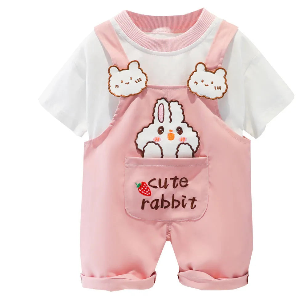 Cotton baby overalls with cartoon print in khaki colour, showing front opening with straps and short sleeves