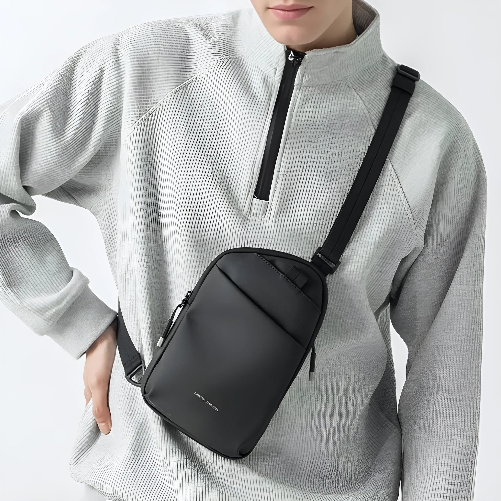 Men's black oxford cloth crossbody bag with sewing thread reinforcement