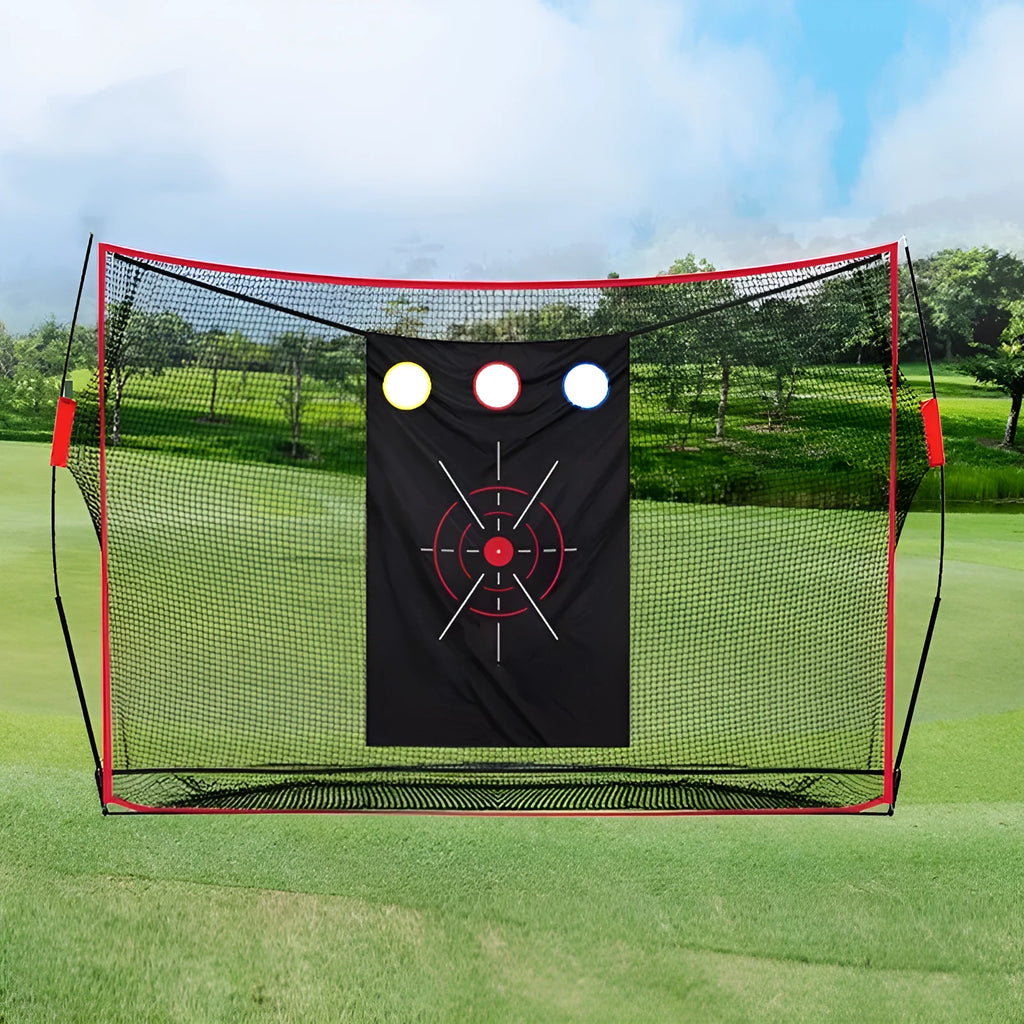 Golf wedge training kit showing 3-hole cross net, straw practice mat, white and red practice balls, and setup accessories