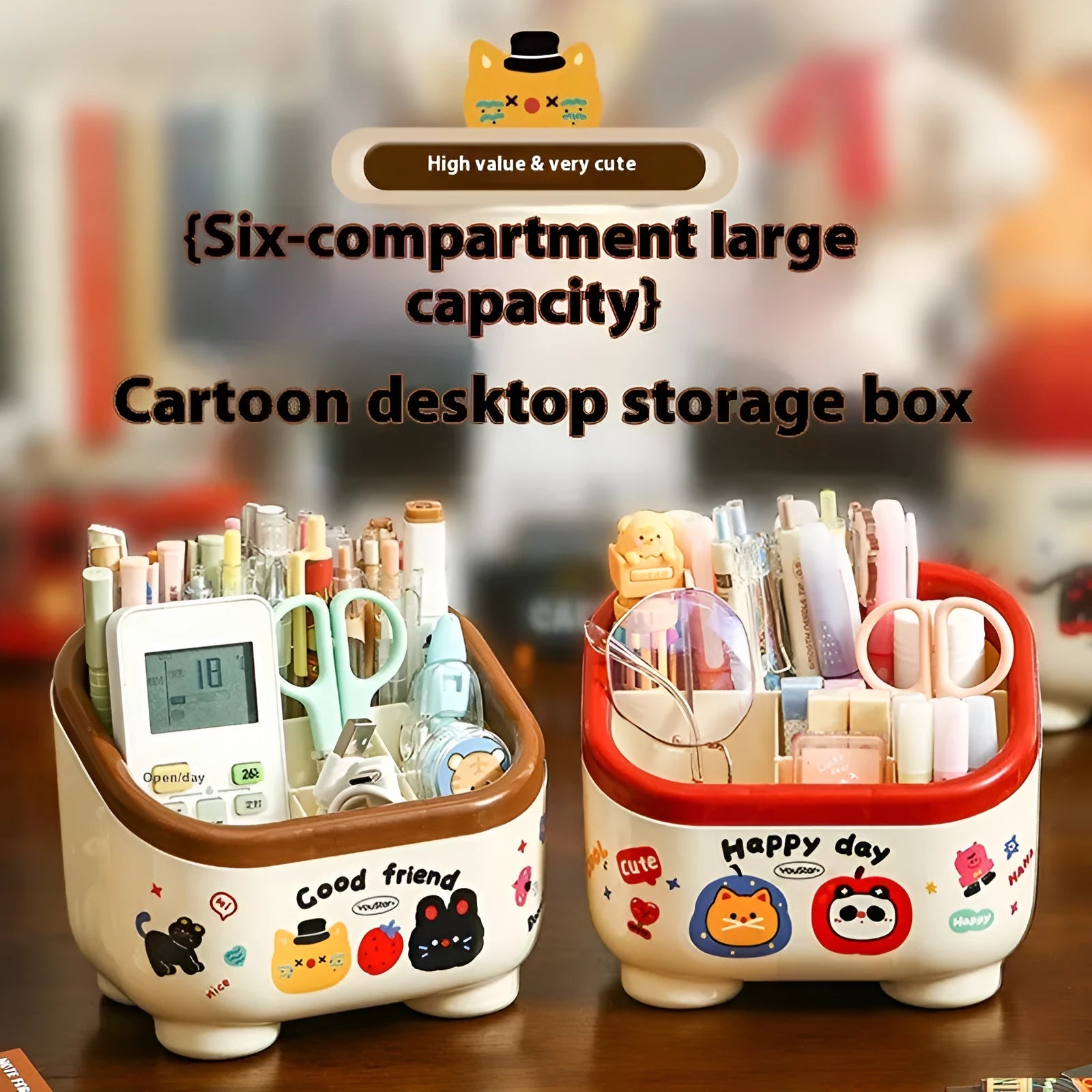 Cartoon-style plastic desktop organiser with various red and brown storage boxes and a pen holder.