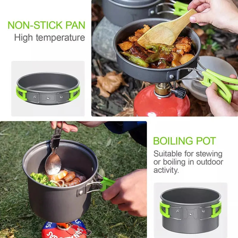Folding camping pot set for 2-3 people in aluminium alloy, shown as a portable mini cookware kit in green, black, or orange.