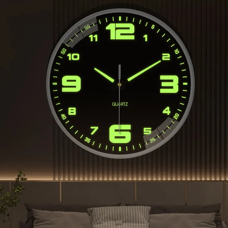 8 inch luminous modern wall clock showing glowing hands and numbers on a plastic shell.
