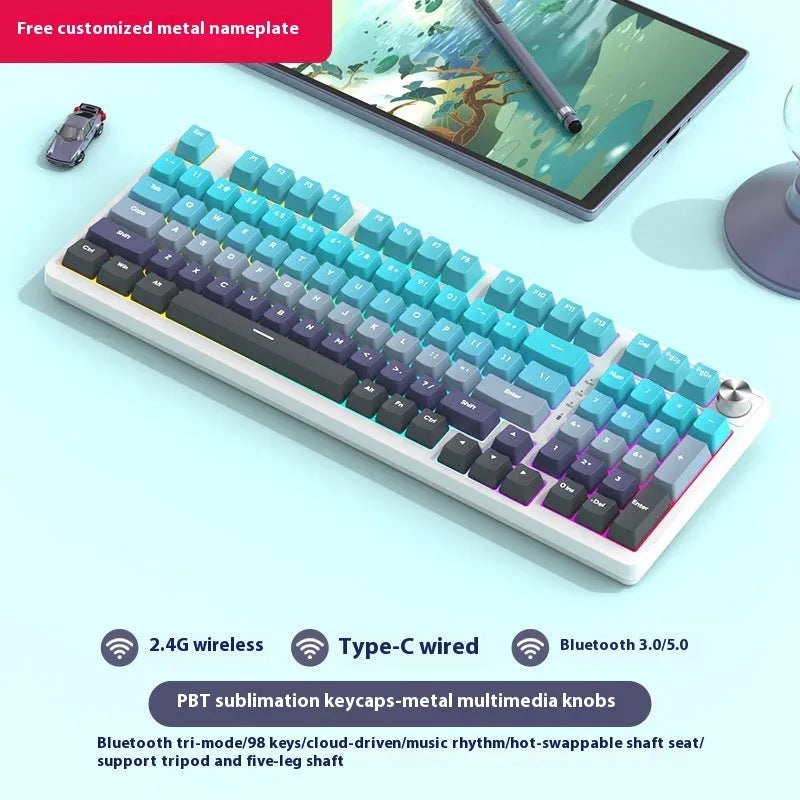 98 key wireless Bluetooth mechanical keyboard kit with optional display screen and metal knob
