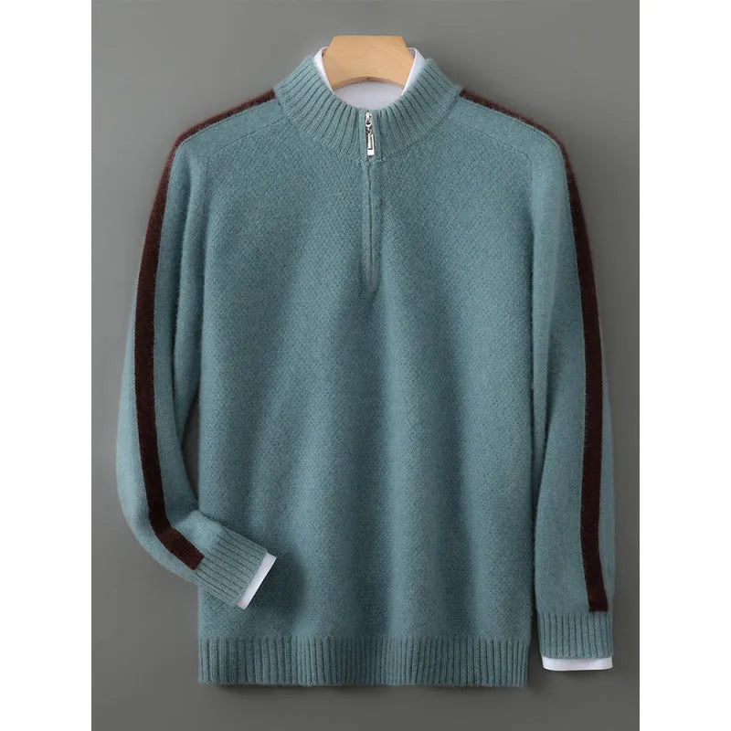Men's slim fit half zip round neck sweater knitted from woolen yarn in grey.
