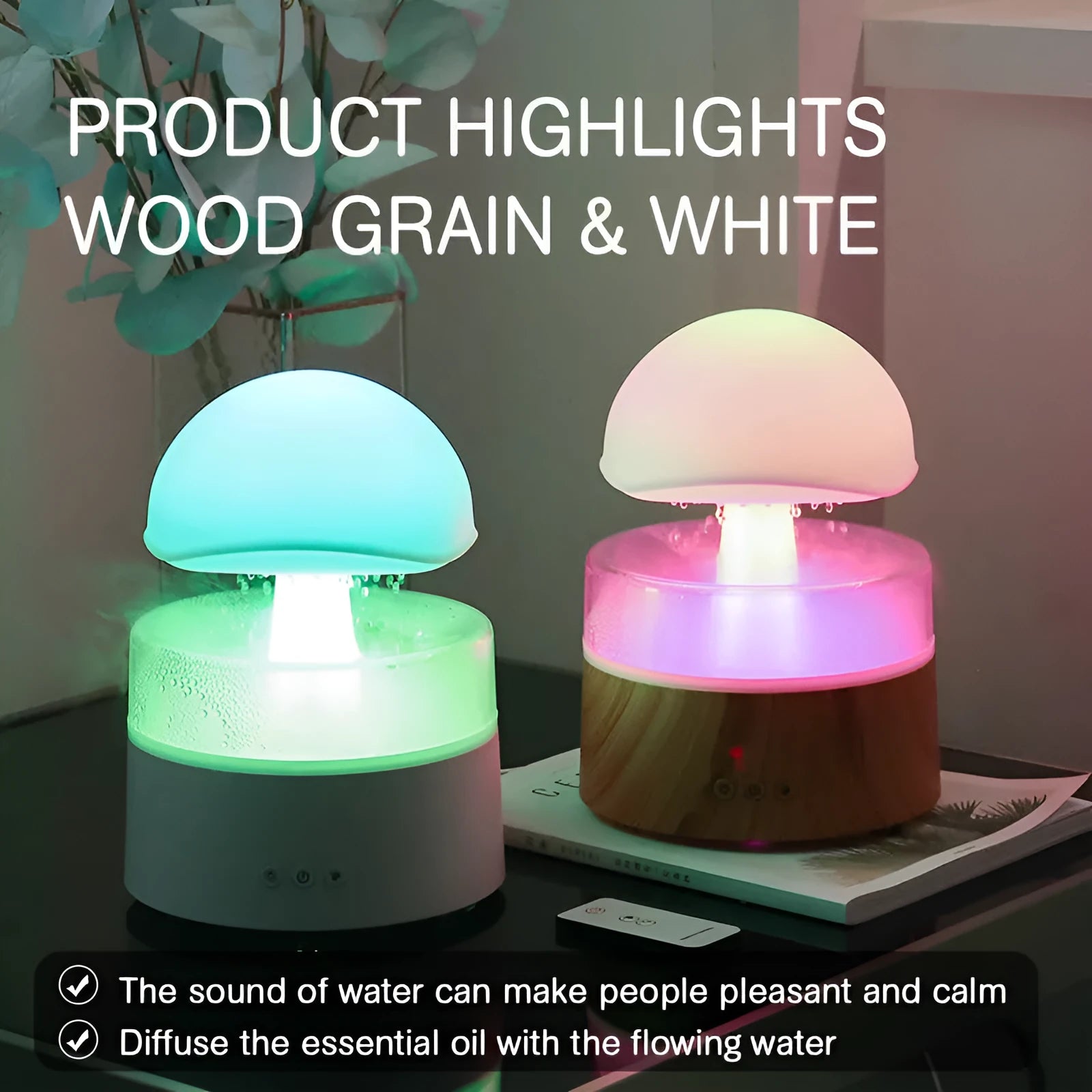 White cloud-shaped humidifier with falling raindrop mist and multi-colour night light on wooden table