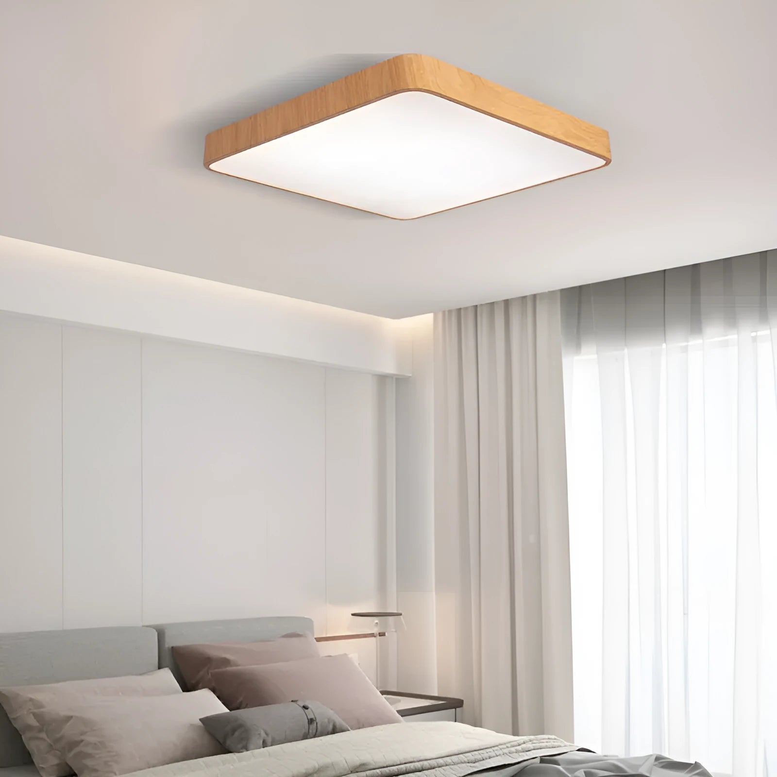 Nordic modern square LED ceiling light with wood grain finish and remote control on a white background.