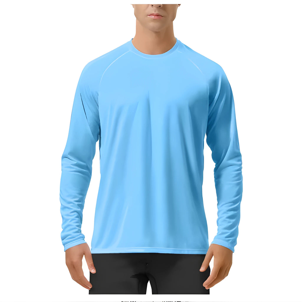 Quick-drying solid colour round neck long sleeve sports training top for men, polyester, UV protection, multiple colours