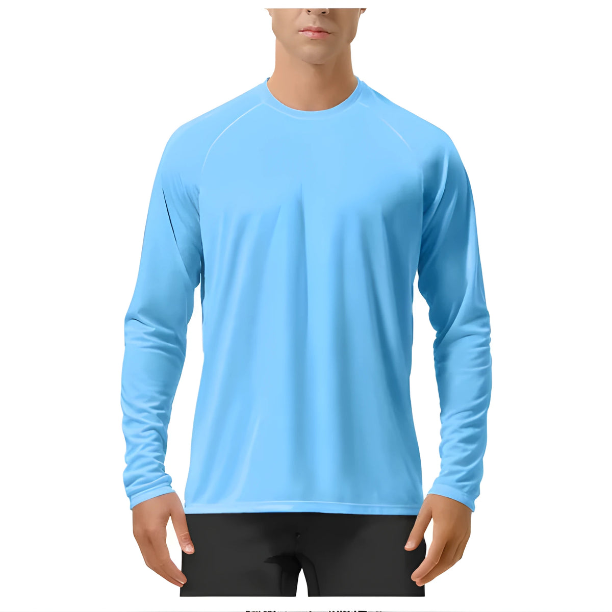 Quick-drying solid colour round neck long sleeve sports training top for men, polyester, UV protection, multiple colours