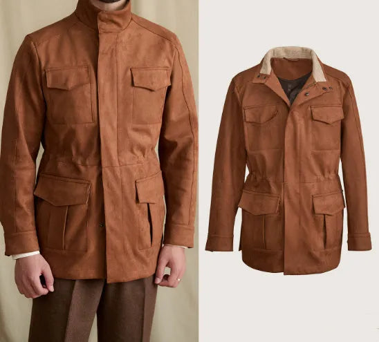 Women's faux suede cowhide safari jacket with stand collar and slim waist in coffee colour