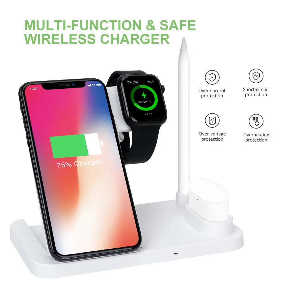 Folding 4-in-1 wireless charging stand in black showing smartphone charging vertically