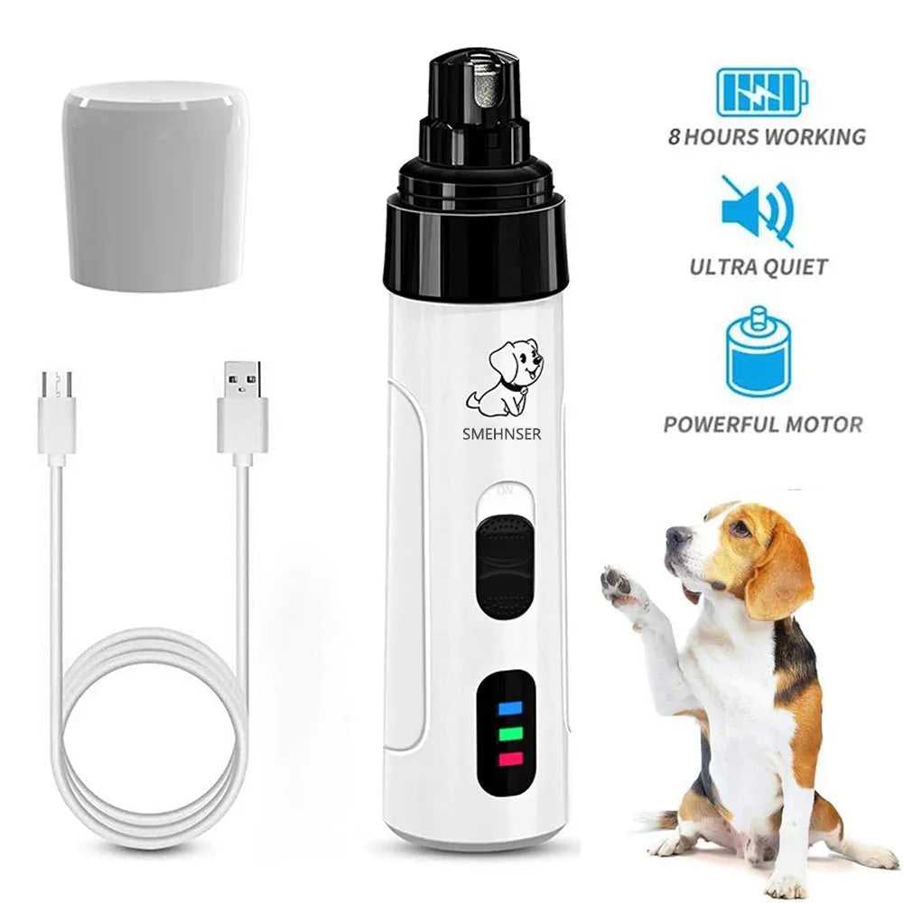 Electric dog nail trimmer device with LED display showing three speed settings for pet grooming