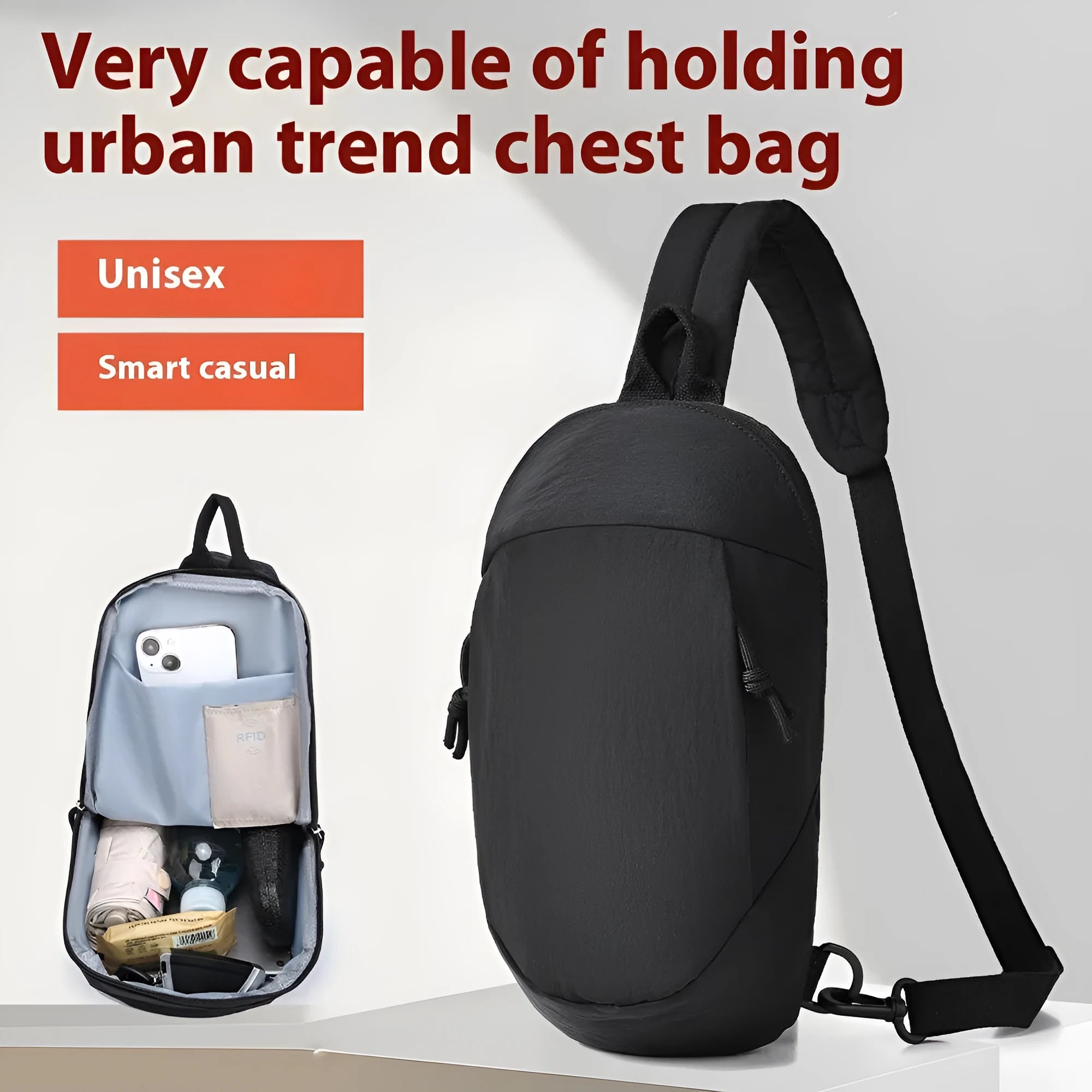 Outdoor nylon crossbody chest bag in army green colour showing single shoulder strap.