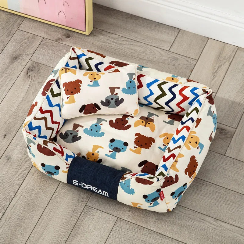 Removable washable dog cat bed pet house in Mi Puppy brown with small pillow, Oxford cloth canvas, size L