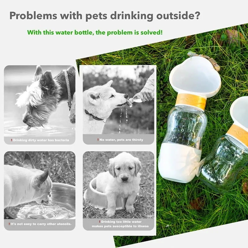 Portable dog water bottle with 2-in-1 water dispenser and food container, rotary switch, and attached belt, in purple colour.