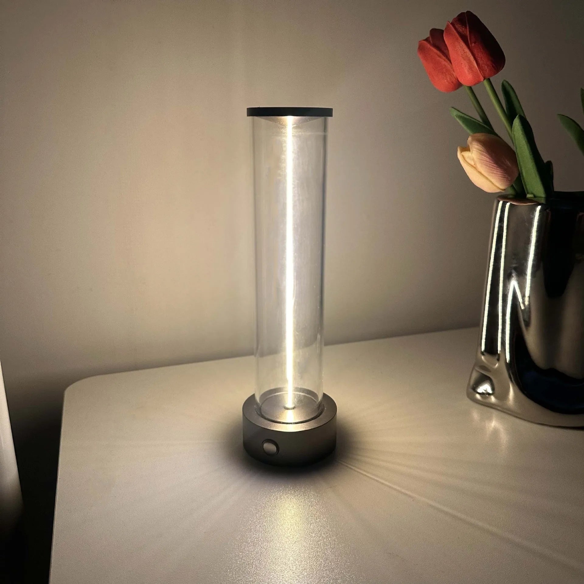 Modern white LED light strip with glass and magnetic base for USB charging