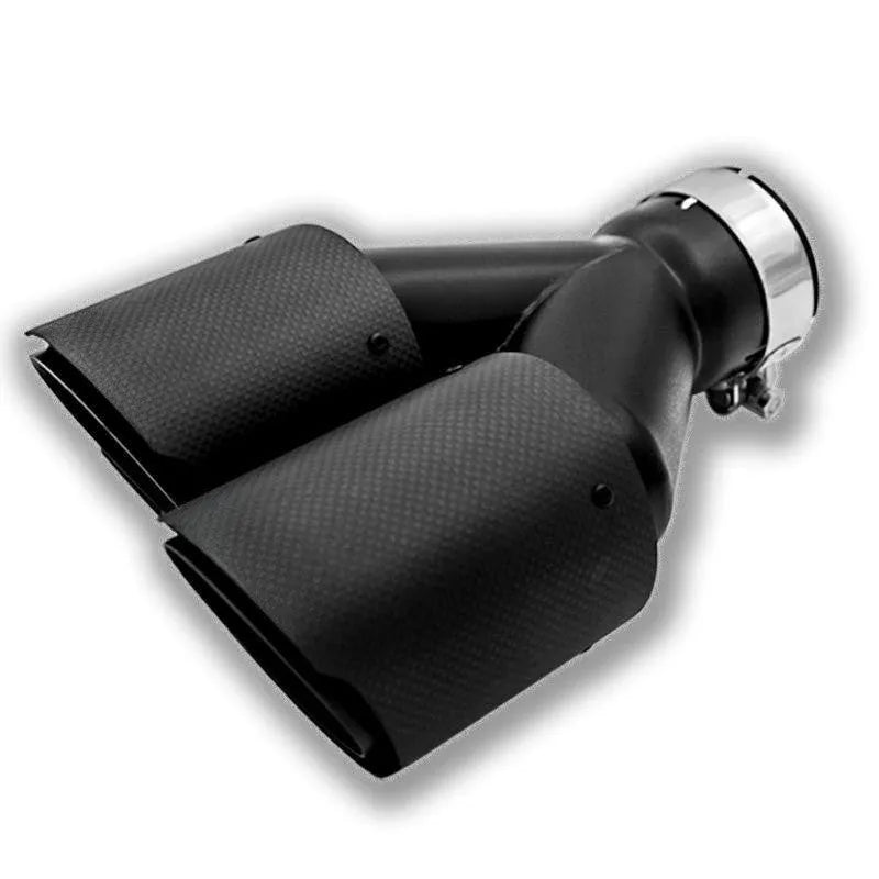 Black carbon fibre car exhaust modification silencer with dual outlet tailpipes