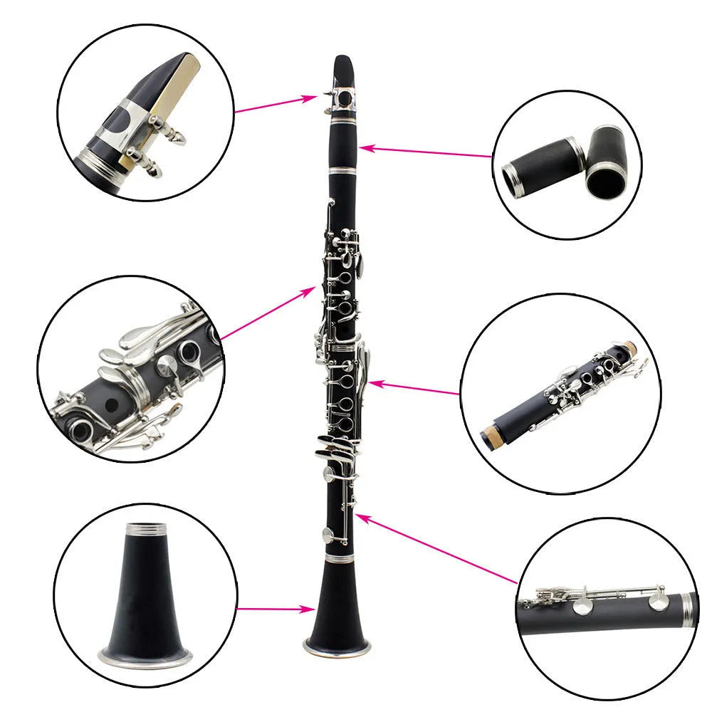 Black clarinet with 17 Bakelite keys and nickel plating alongside protective carrying bag