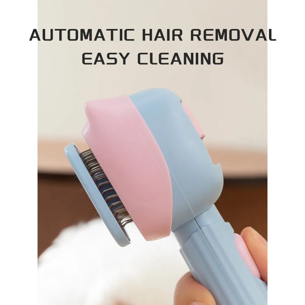 Blue double-sided dog deshedding brush with undercoat rake and dematting comb