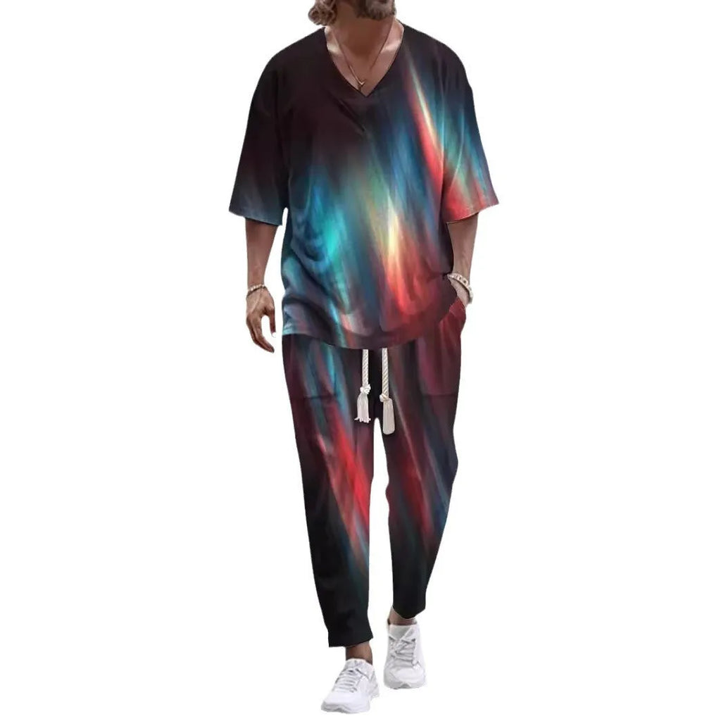 Trousers suit with V-neck jacket and cropped sleeves in thin polyester fabric