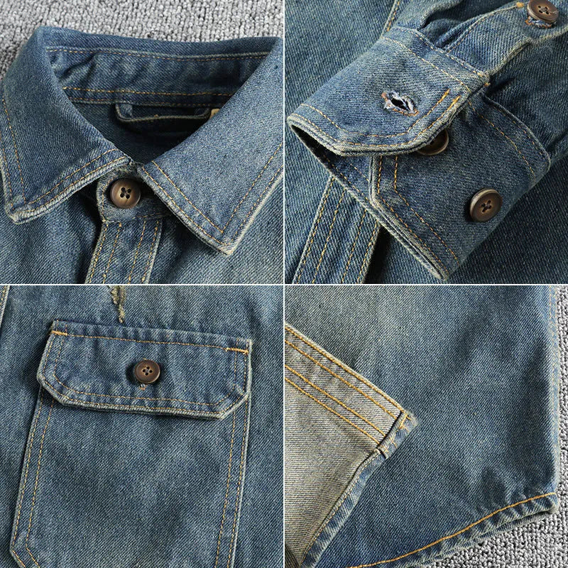 Men's washed vintage denim shirt in light blue and dark blue showing loose cardigan style and long sleeves
