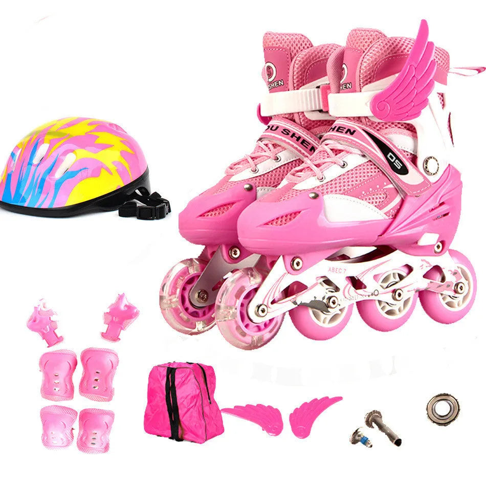 Yellow children's adjustable inline skates with aluminium frame, PU wheels, helmet, and protective gear on a backpack.