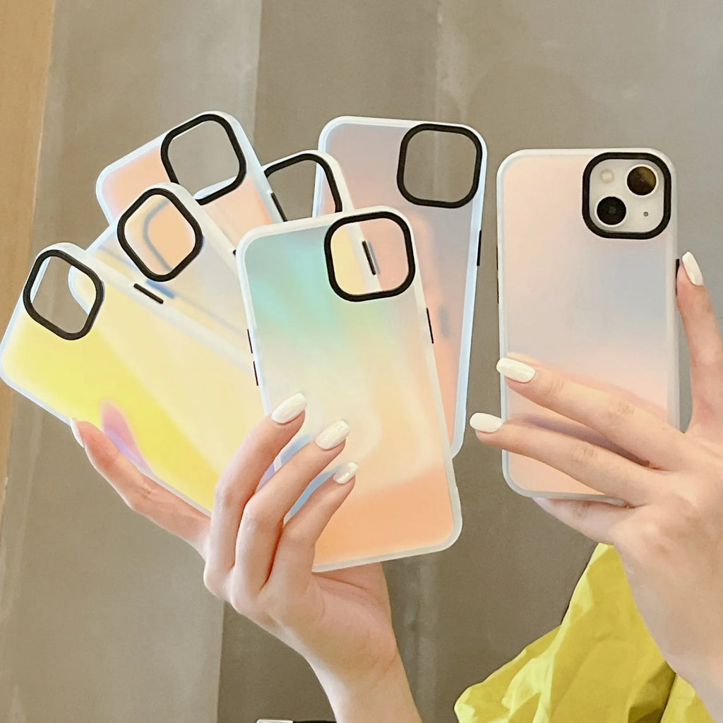 Laser gradient transparent frosted TPU phone case for iPhone showing colour effect