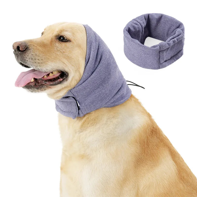 Polyester dog head cover hoodie in black or purple for noise reduction anxiety relief with ear wrap design