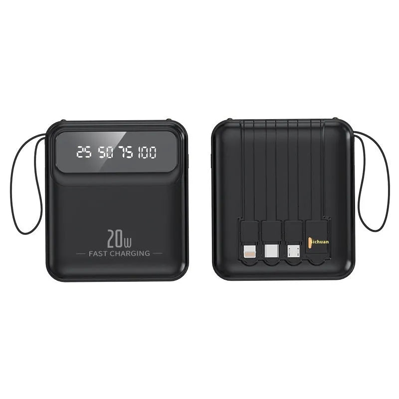 Power bank with four built-in lines and digital display, 89x79x27mm, in black, beige, blue, purple, green, or rose red