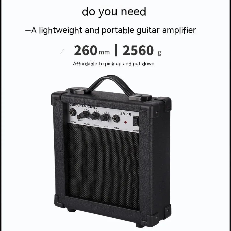 Small GA-10 10W guitar amplifier speaker with metal and plastic construction, 25x8x26cm