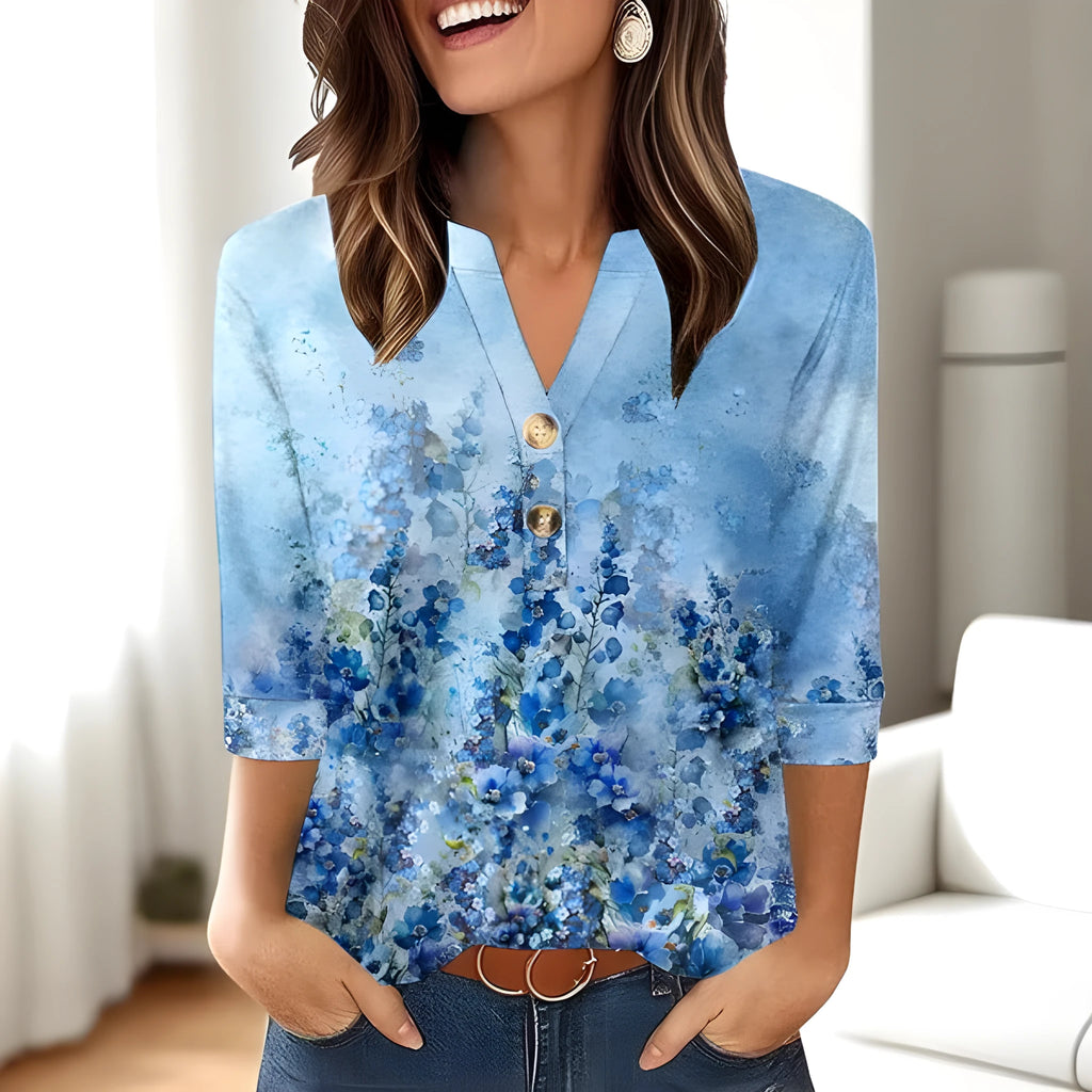 Women's casual V-neck top with 3D printed pattern in loose Japanese-Korean style