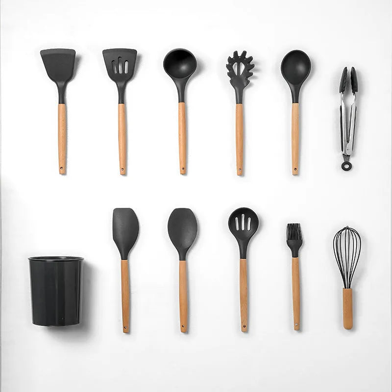12-piece silicone kitchenware set with wooden handles in modern simplicity style, assorted colour box packaging
