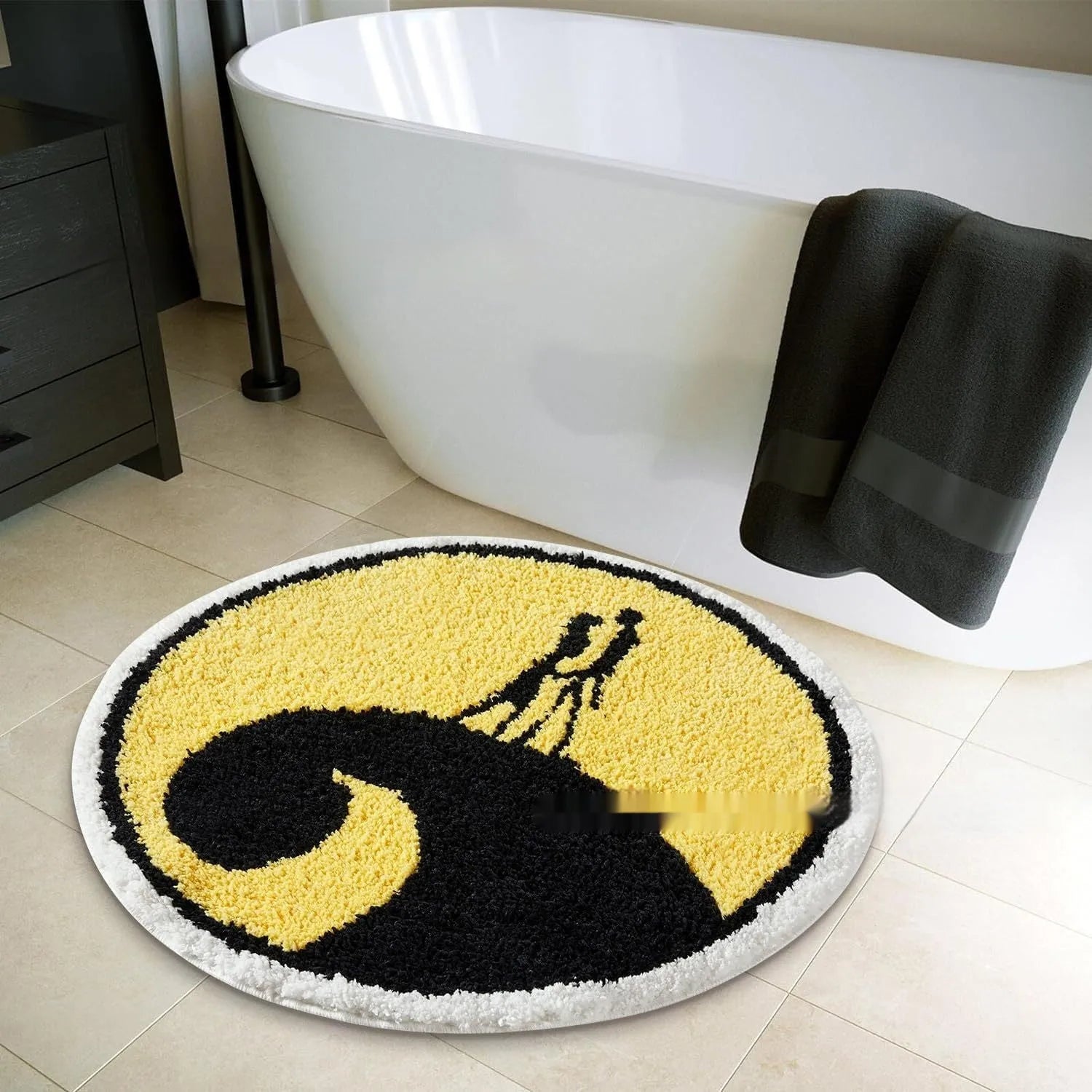Christmas round carpet with festive printed design on soft polyester fibre, square size option shown.