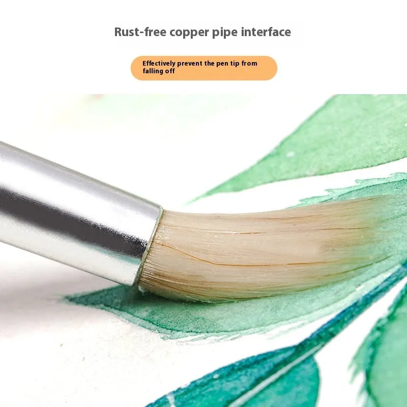 Set of six wooden handled hook line pen brushes with wool pointed tips on a white background.