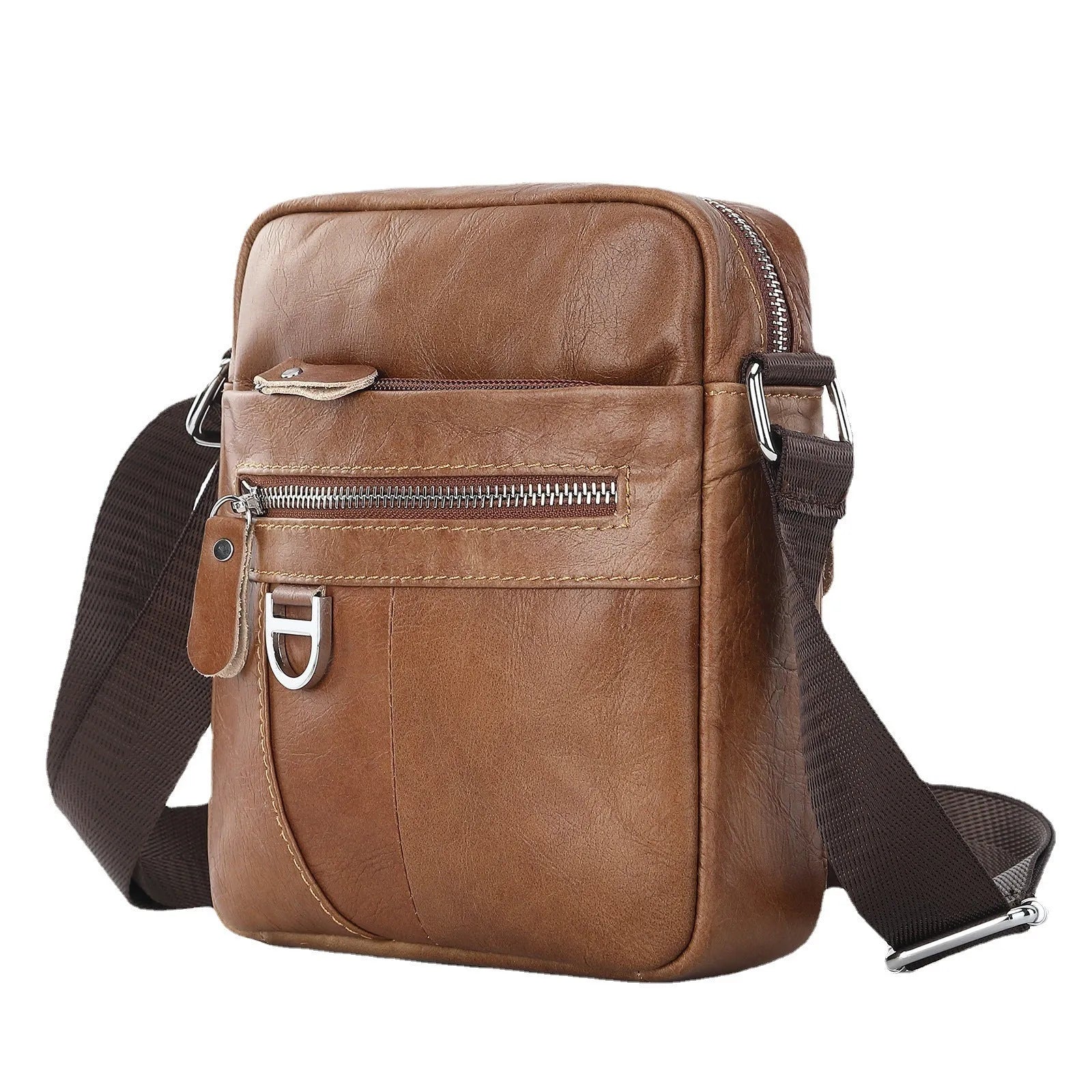 Black leather messenger bag for boys with 8-inch size and visible stitching