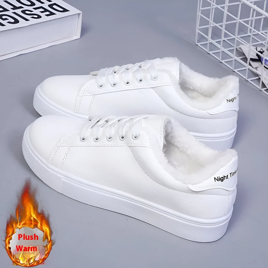 Flat low-top sneakers with PU upper, cloth lining, rubber sole, round toe, in white, black, or blue.