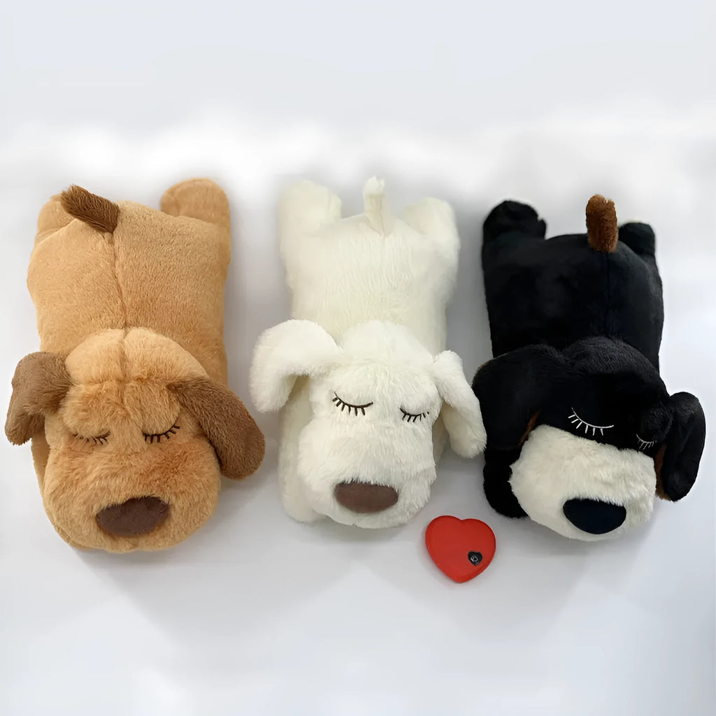 Plush pet anxiety companion sleep toy dog with built-in heartbeat, 17x36x17cm, beige