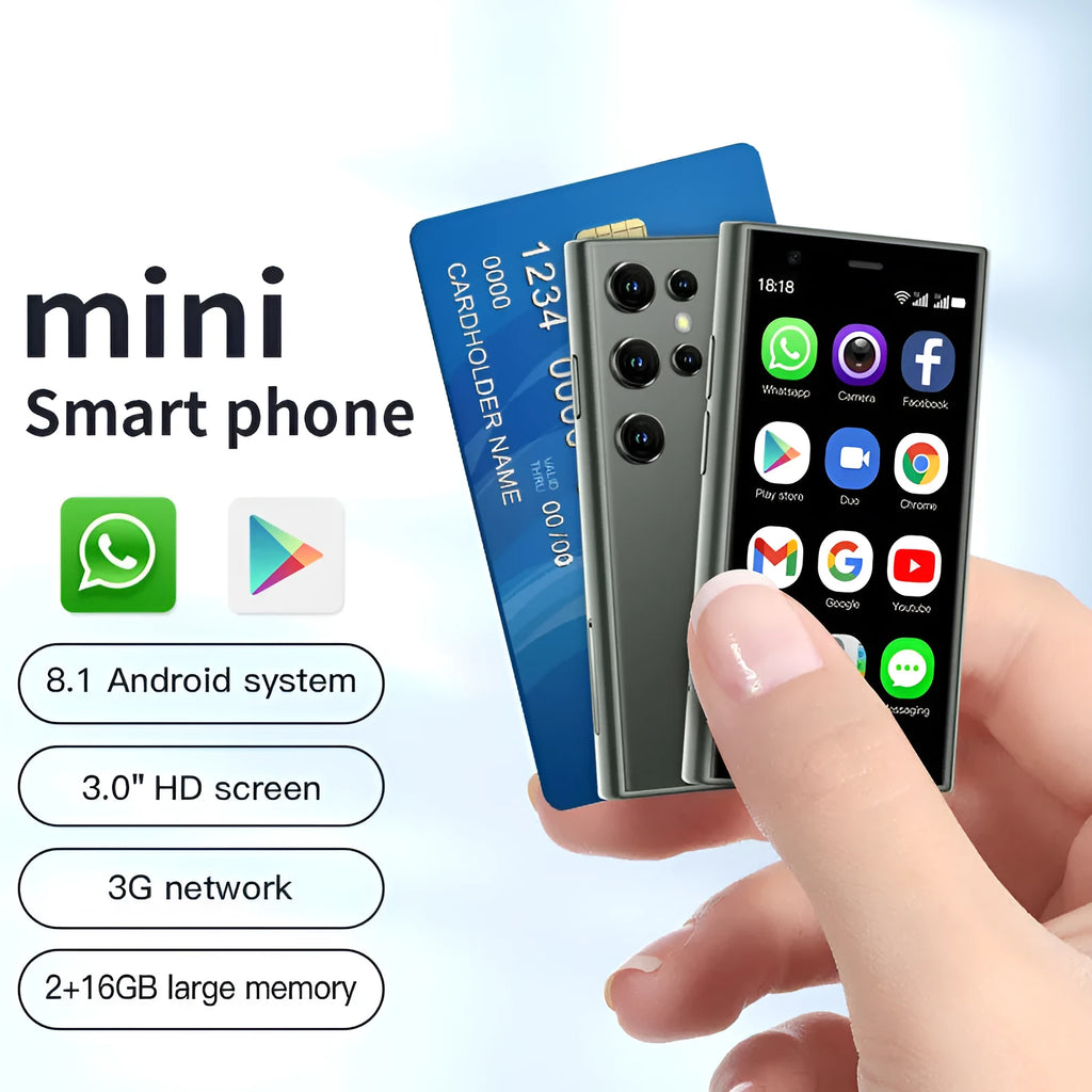 Mini smartphone with 30-inch screen in black, green, or pink purple colours showing straight plate design