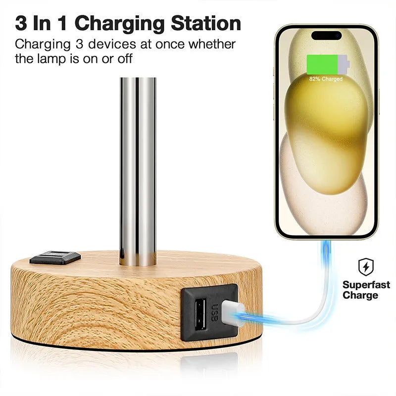 Night Wood Grain table lamp with metal base and three-gear touch dimming on a bedside table