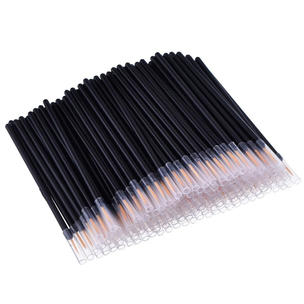 Pack of 100 black disposable eyeliner brushes with fine point tips and clear plastic protective sleeves.