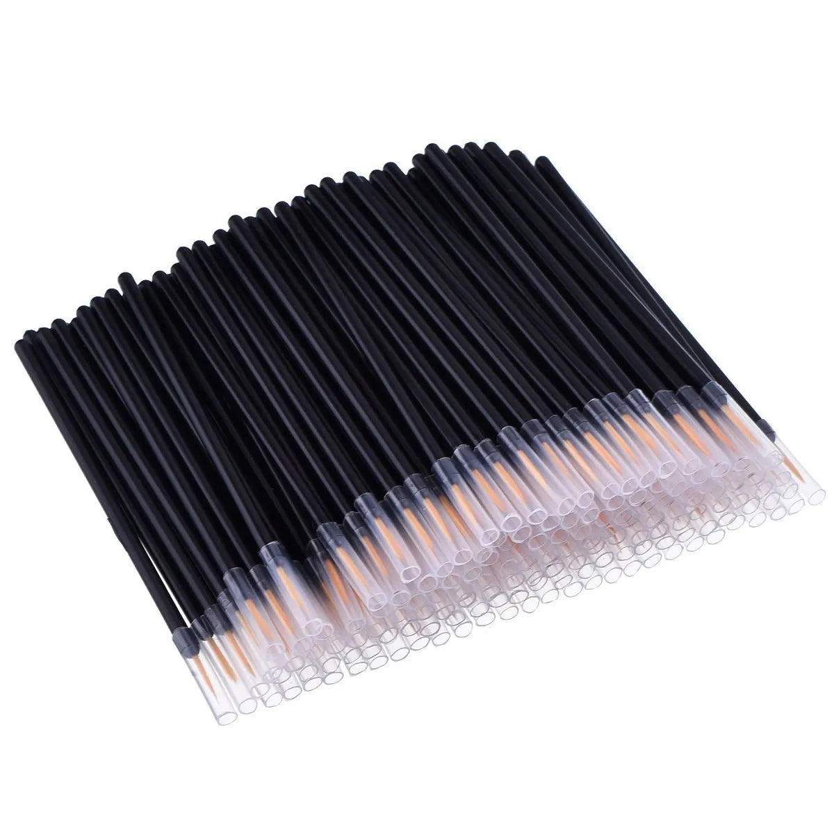 Pack of 100 black disposable eyeliner brushes with fine point tips and clear plastic protective sleeves.