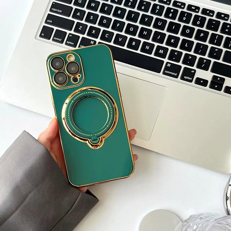 Magnetic suction rotating stand phone case for iPhone in electroplated finish, available in black, white, pink, dark purple, green, blue