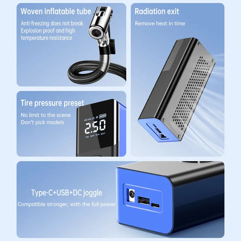 Blue wireless portable car tyre inflator with digital display and LED light on dark background