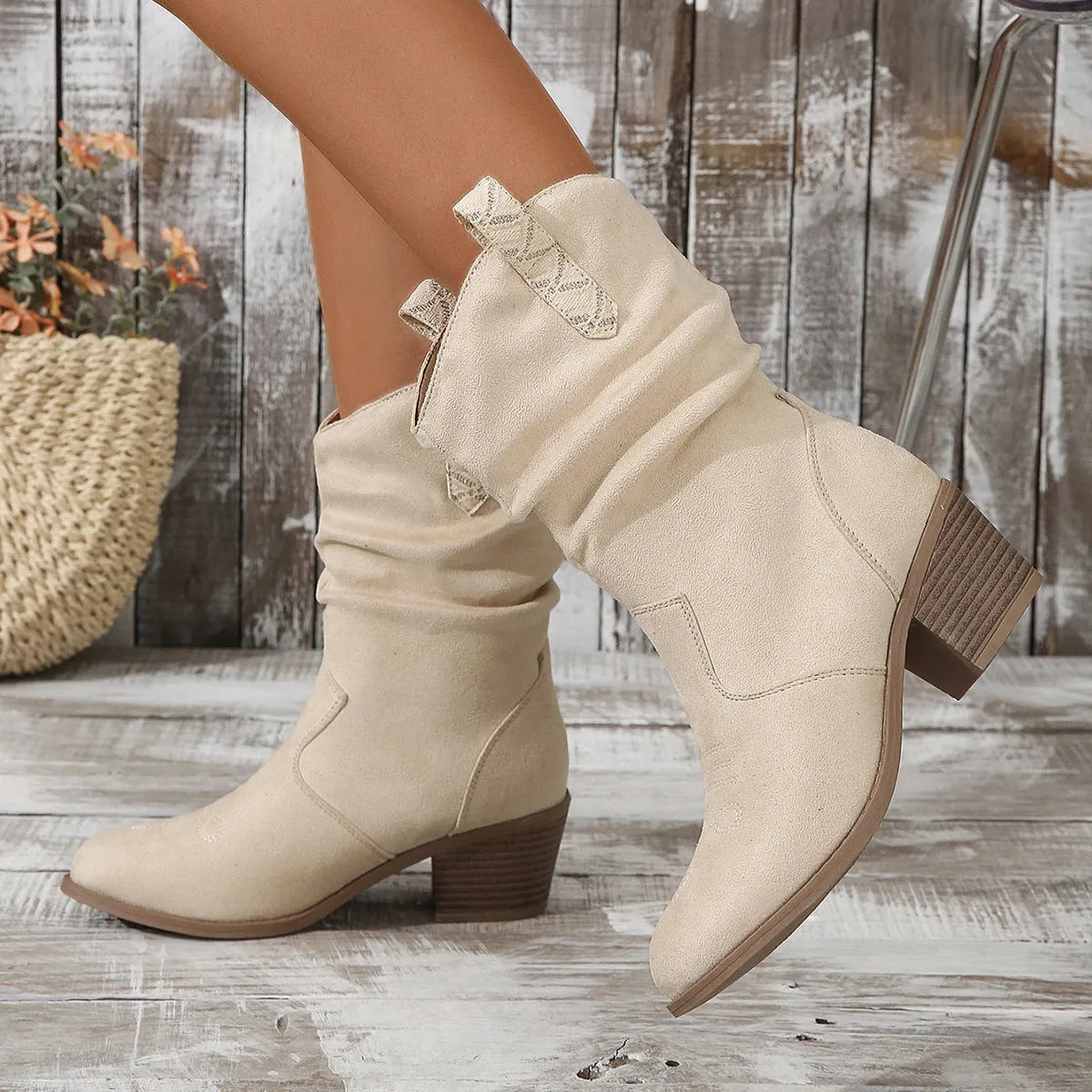 Women's suede mid-calf boots with short stout heel in lotus root colour