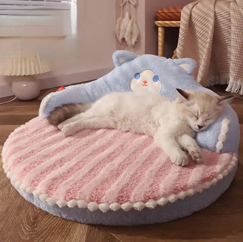 Washable cat bed with high backrest, removable cushion, and non-slip bottom in brown or pink