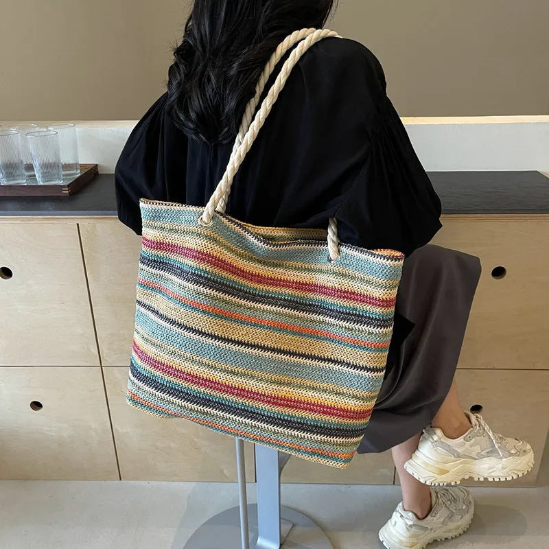 Blue woven nylon shoulder bag with large capacity and polyester lining